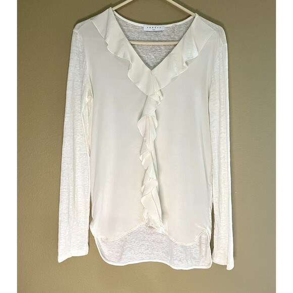Sandro Paris Blouse 100% Silk Long Sleeve Ruffle Trim Size 2 Ivory - Picture 1 of 9
